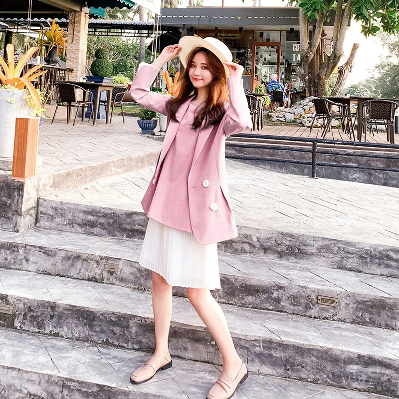 

Women's 2019 Spring New Style Mori Girl Versatile Temperment Solid Color Suit Two-Piece Set Coat Pink Suit Dress