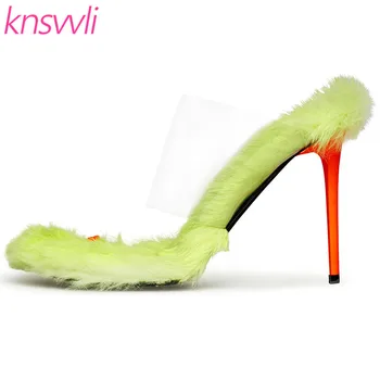 

New Furs Winter Slippers Women Clear PVC High Heel Shoes Woman Candy Color Rabbit's Hair Flip Flops Sexy Mules Shoes Women