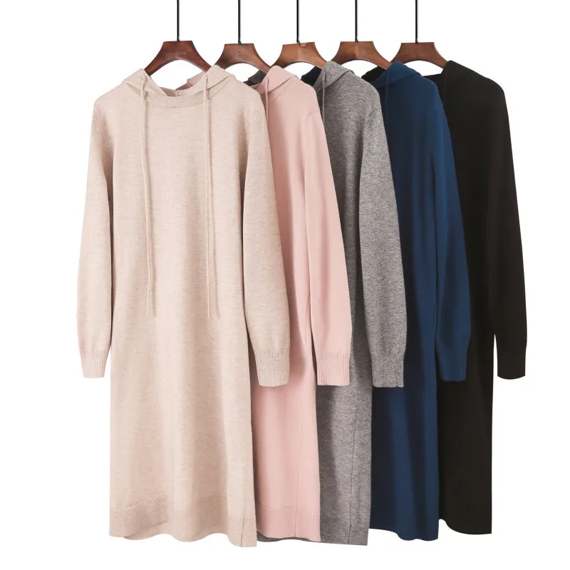 

Ladies Hooded Sweatshirt Casual Solid Color Plus Size Loose Knit Hoodie Long Sweatshirt Dress Hooded Pullover Elasticity Soft