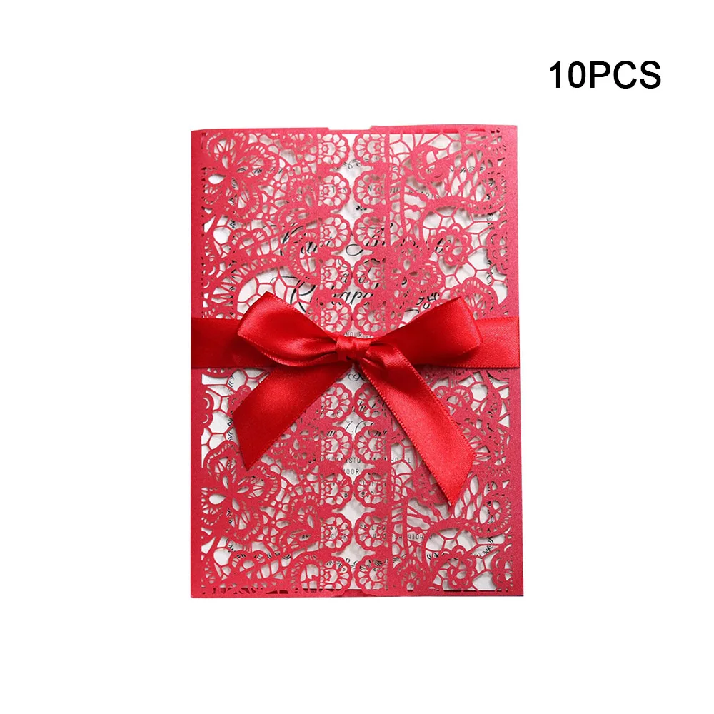 10pcs Elegant Luxury Flora Laser Cut Wedding Invitations Card Paper With Ribbon Envelopes Customize Party Wedding Decoration - Color: as picture