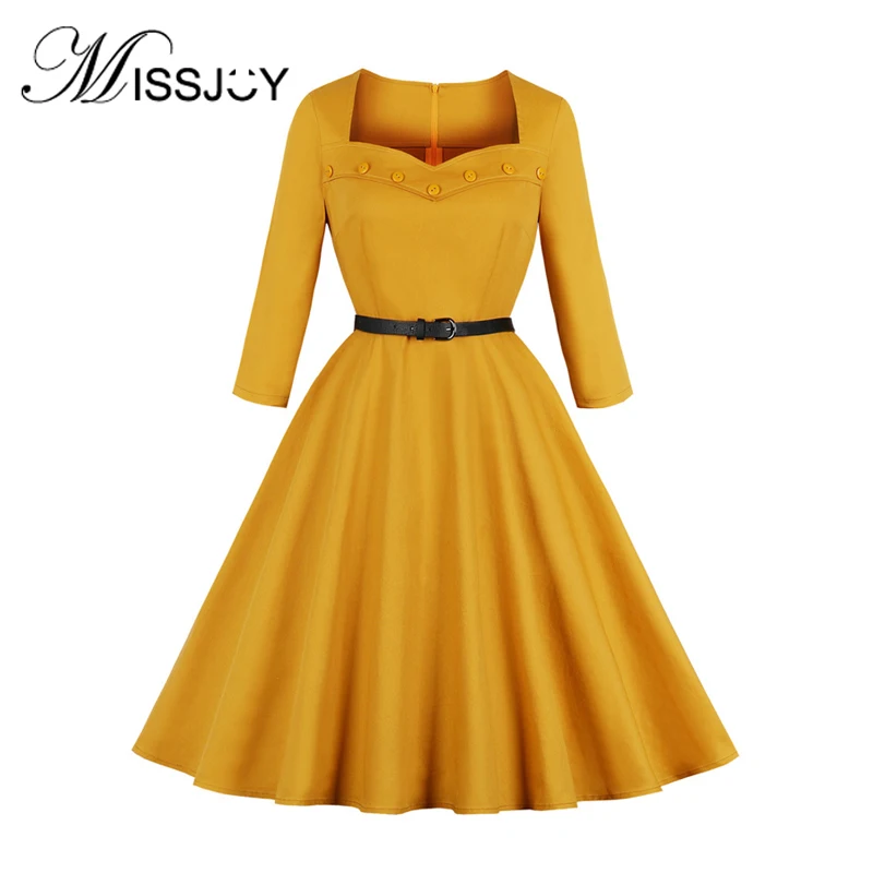 MISSJOY женские платья с поясом, однотонные, Хепберн, вечерние, приталенные,, Осенние, трапециевидные, Ретро стиль, 3/4 рукав, квадратный воротник, для женщин, элегантные