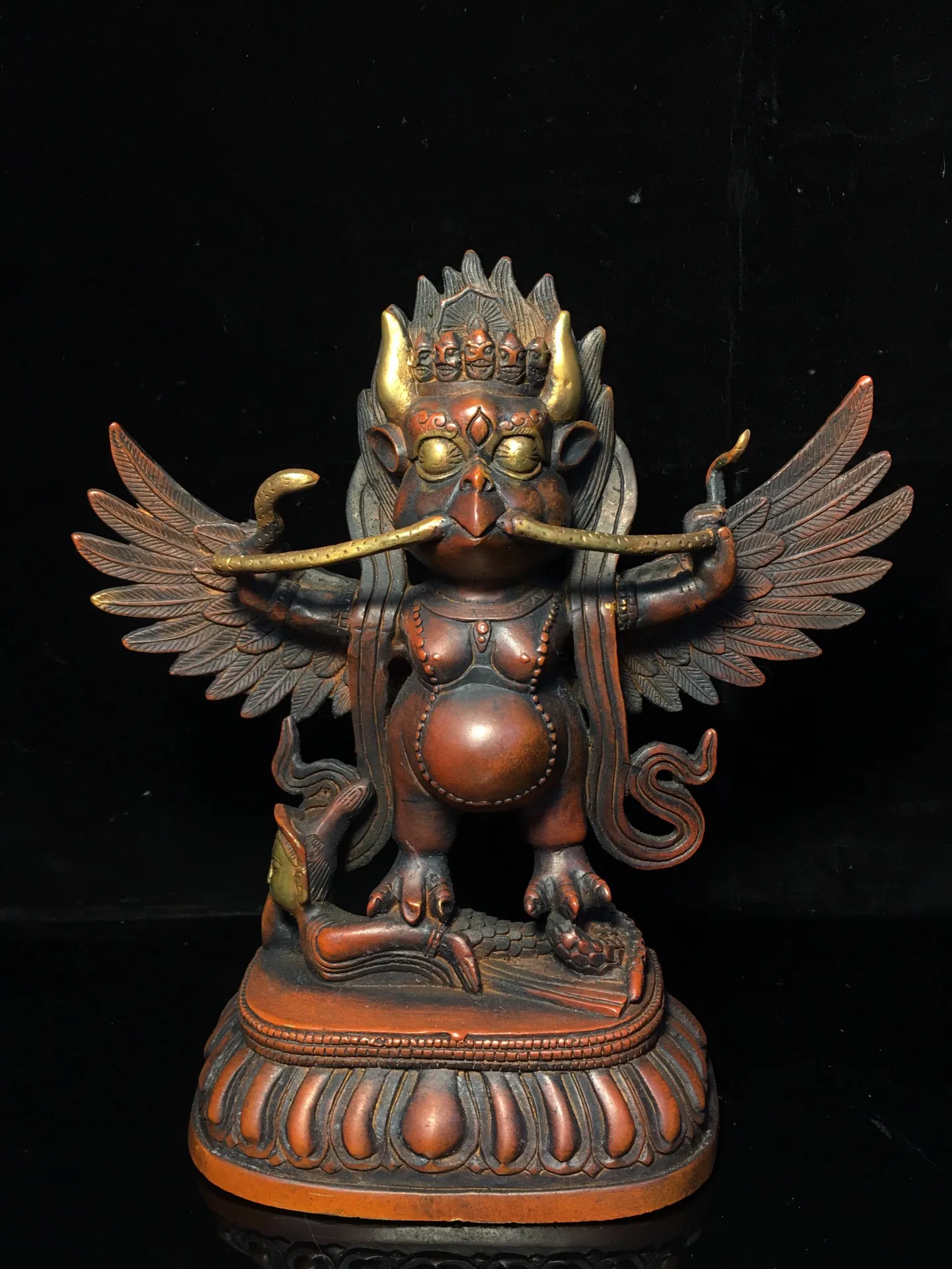 

9"Tibetan Temple Collection Old Bronze Cinnabar Gilt GARUDA Garuda Dhwaja Buddha Protector Worship Hall Town house Exorcism