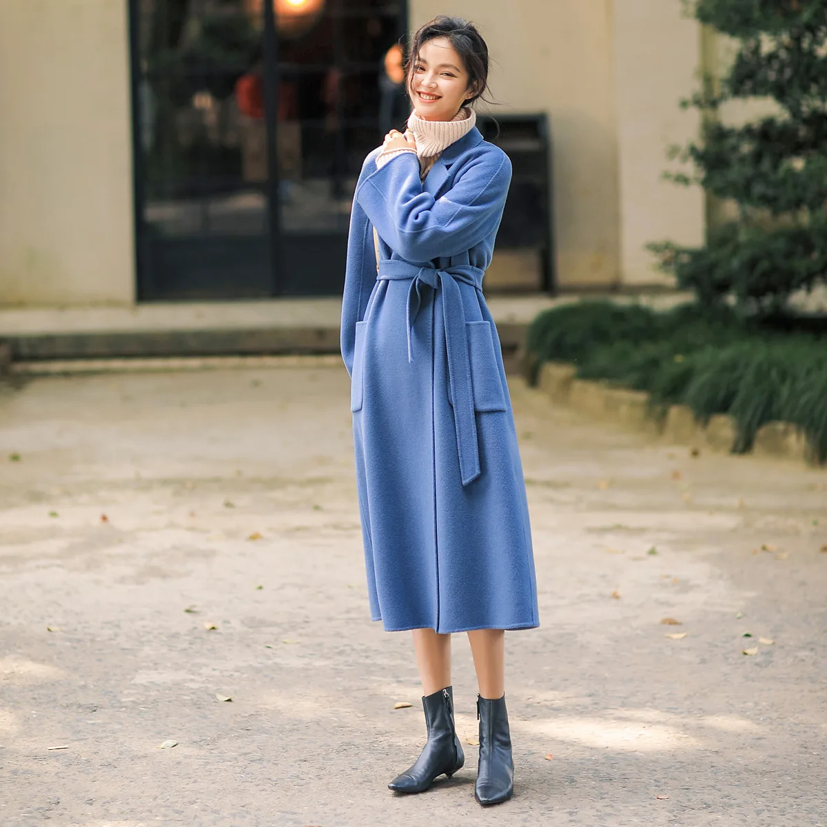 Новинка, классическое кашемировое двухстороннее длинное пальто ручной работы в Корейском стиле, шерстяное пальто, зимнее женское пальто - Цвет: blue