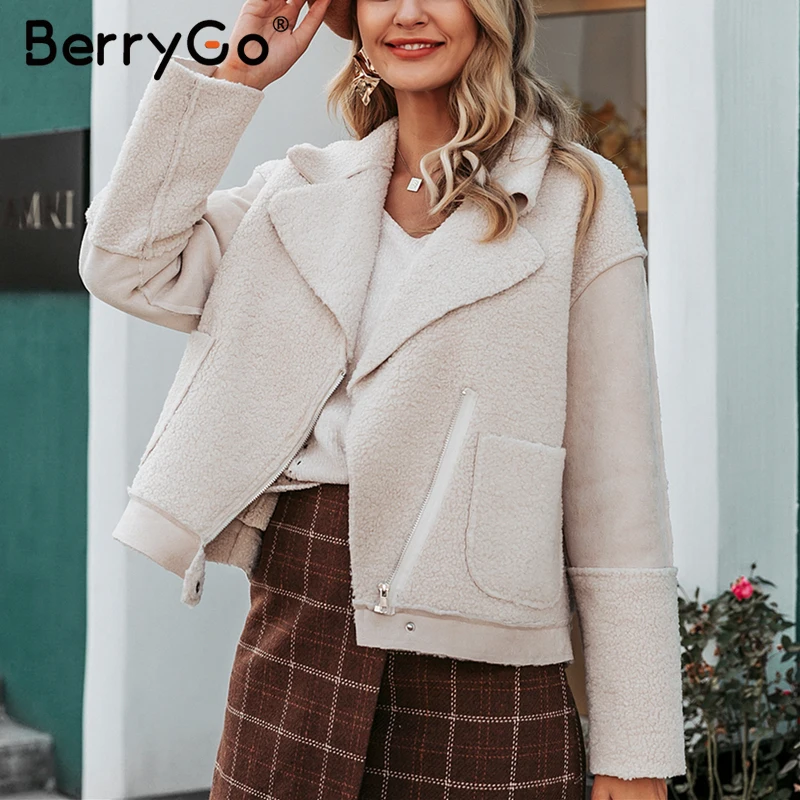 BerryGo повседневное лоскутное искусственное меховое кожаное пальто для женщин на молнии с карманами из искусственного меха женские зимние куртки шикарные женские теплые замшевые пальто