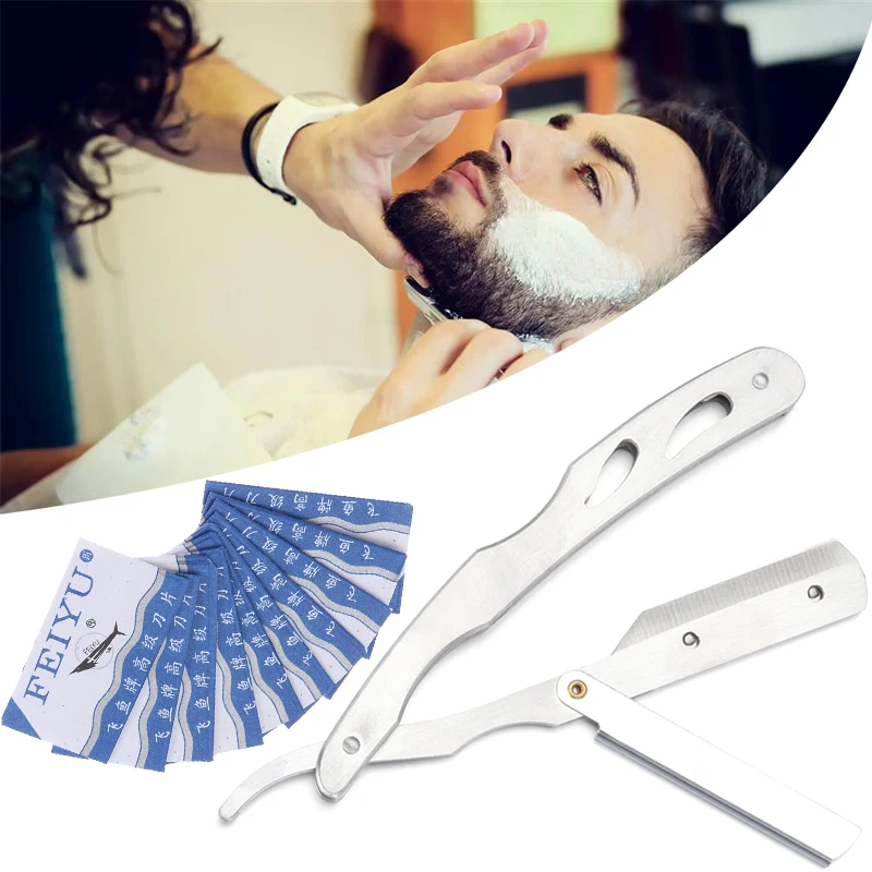 1PC plegable de afeitar cuchillo con 10PC cuchillas de acero inoxidable de los hombres Manual maquinilla de afeitar recta borde para peluquería navaja de afeitar la barba cara removedor de pelo