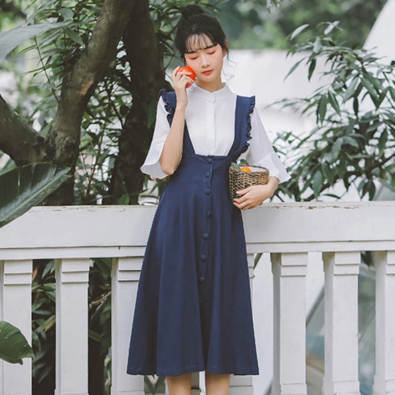 

Spring New Preppy Style Women High Waist Slim Wide Braces Button A-line Long Dress Sweet Cute Ruffles Dresses Top quality S33