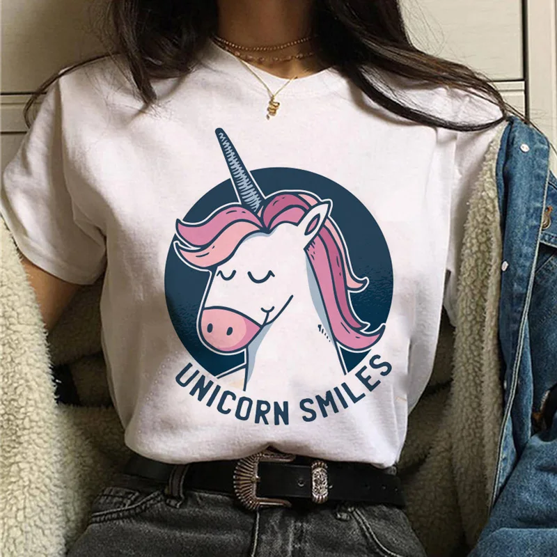 Женская футболка с единорогом kawaii с забавным рисунком ulzzang 90s Уличная футболка корейский стиль гранж Женская Повседневная футболка одежда