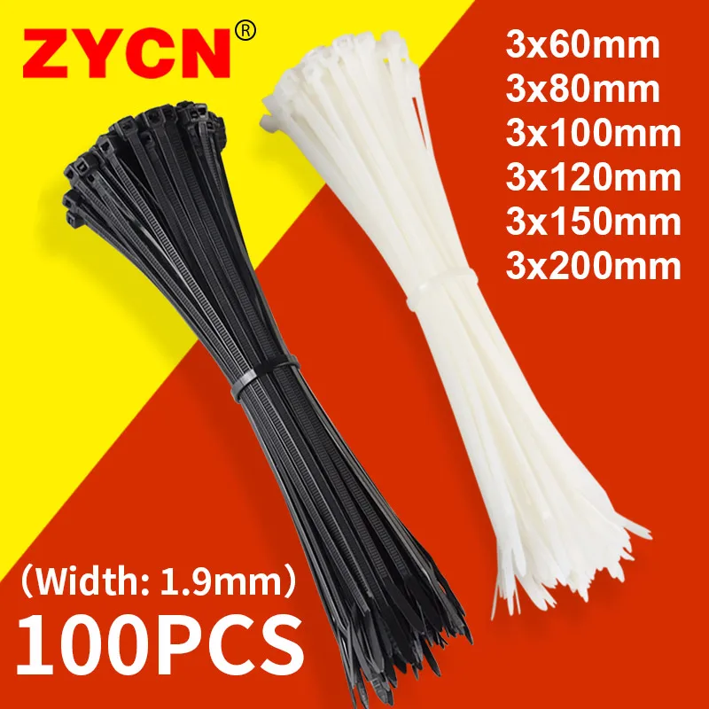 Width 3.6mm Self-Locking Cable Ties Nylon Plastic Wire Zip Tie Cord Strap B/W 