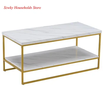 

106 * 50 * 48cm Simple Double-layer Golden Iron Pipe Marble PVC Coffee Table Rectangular Living Room Furniture