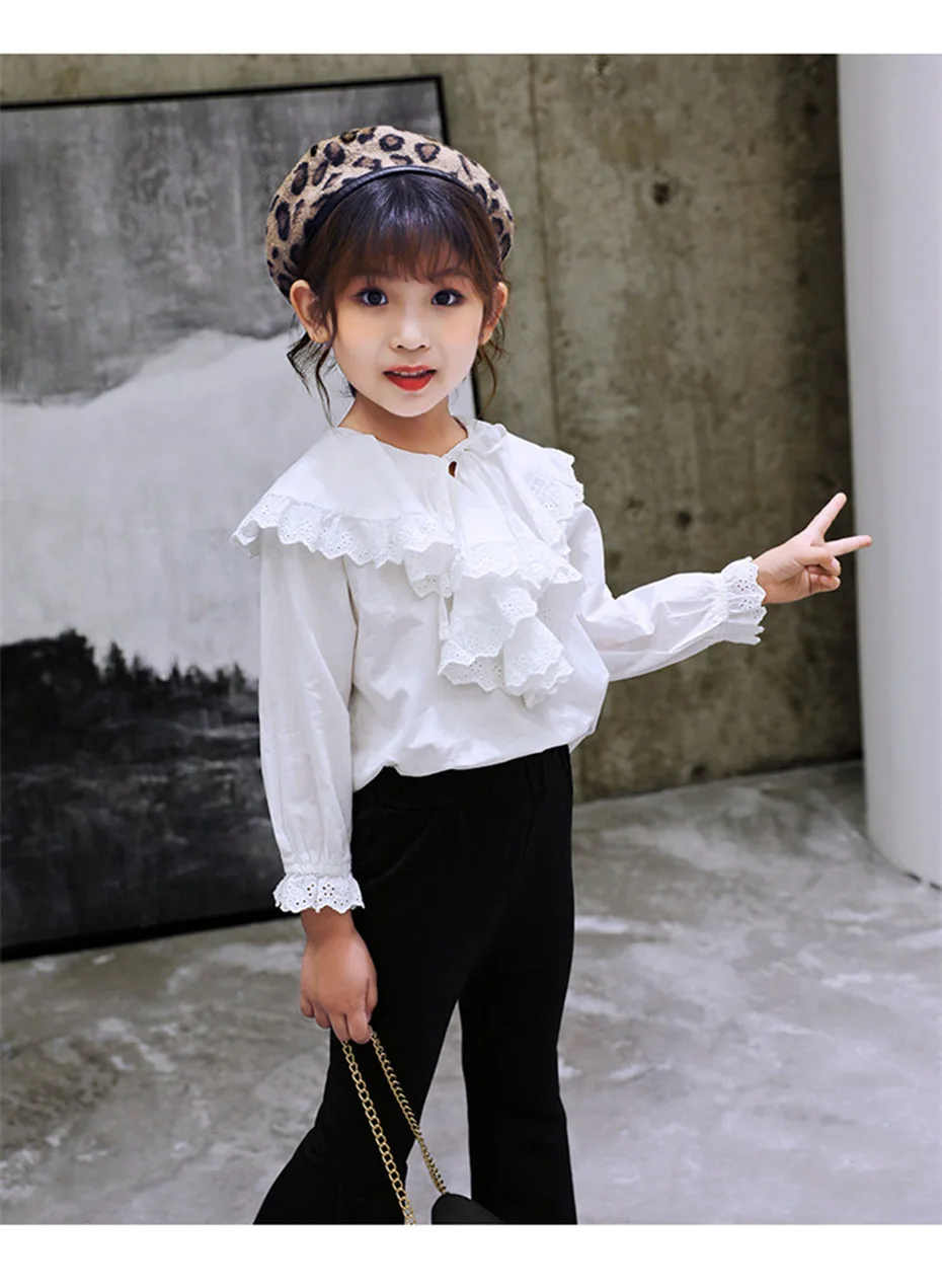 Блузка для девочек; однотонная белая рубашка для девочек; кружевная детская блузка с оборками для девочек; Осенняя модная школьная форма; зимняя одежда для девочек