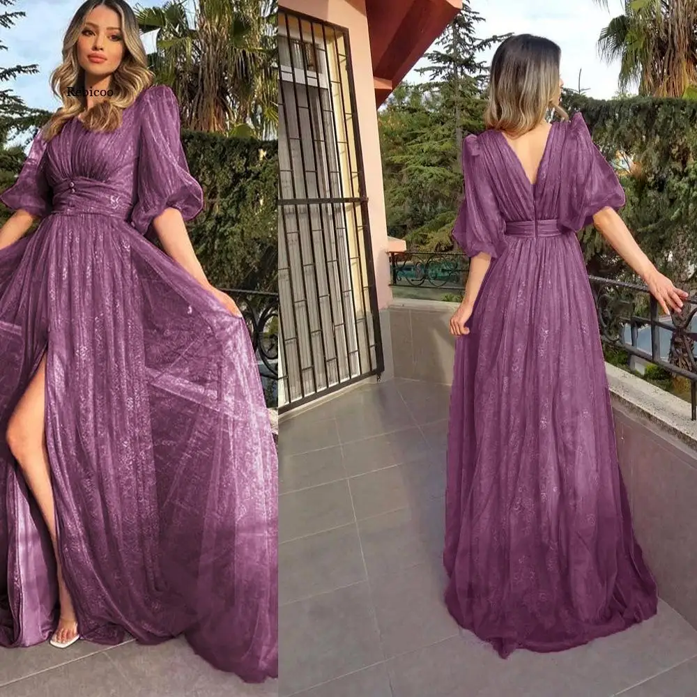 

2022 New Sexy Lace Purple Mesh Half Sleeved Prom Dresses Lady Elegant Slit V Neck Bridesmaid Robes Evening Party Birthday