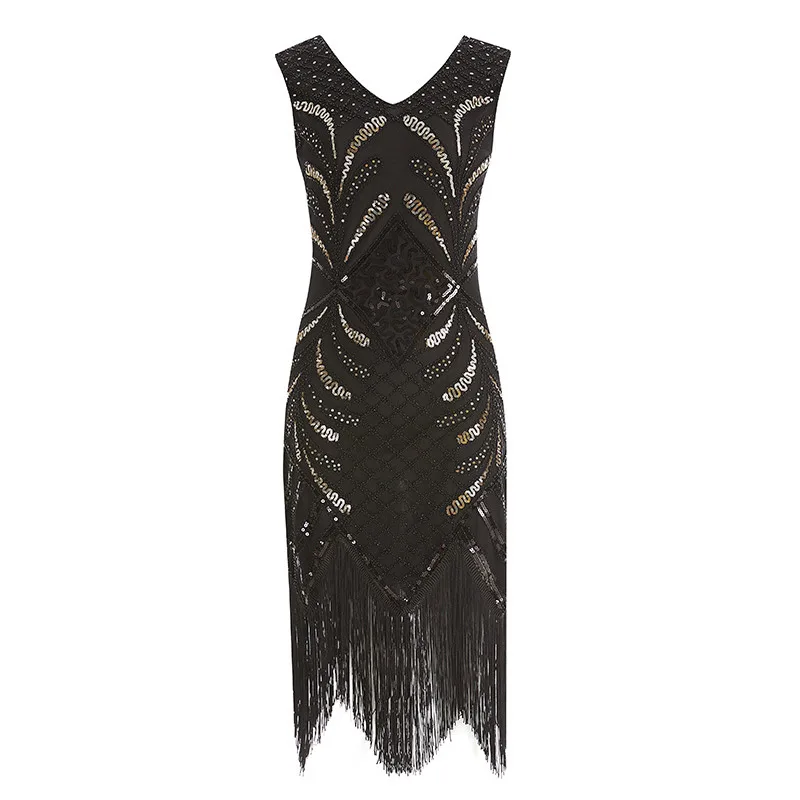 Black Dress Женские платья размера плюс в винтажном стиле 1920s в стиле Гэтсби, платье с бахромой и блестками для вечеринки - Цвет: Black Dress