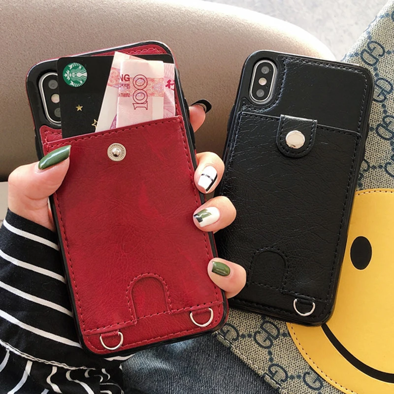 

Leather Wallet Phone Case For iphone X XR XS Max 6 6s 7 8 Plus Coin Purse Card Holder Protection Phone Bag Cases With lanyard