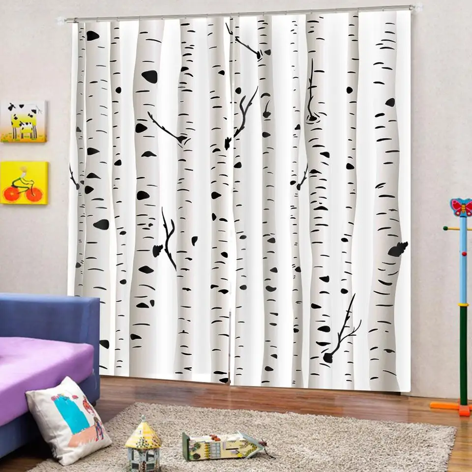 Custom Birch Tree Curtains Artistic White Branches With Leaves