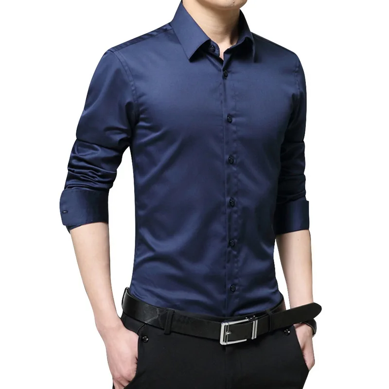 Весенняя рубашка с длинным рукавом и отложным воротником, мужская рубашка, приталенная однотонная деловая рубашка Camisa Masculina, мужские топы, официальная сорочка Homme - Цвет: deep blue
