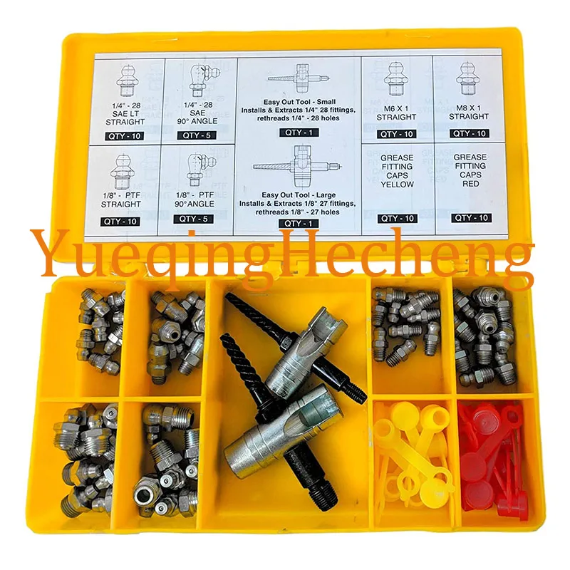 

Complete Grease Fitting Replacement Kit Includes Most Common Sae and Metric Zerks, Multi-Tools Fitting Caps