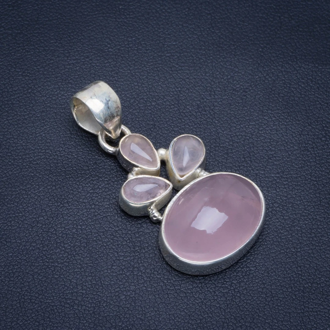 

Natural Rose Quartz Handmade Unique 925 Sterling Silver Pendant 1.5" B3009