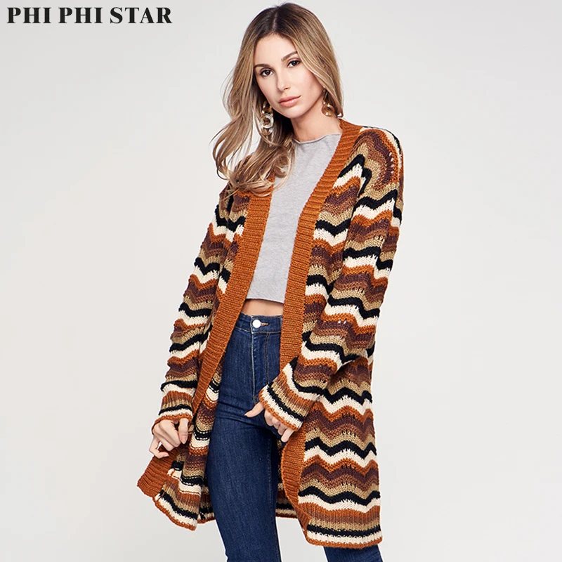 

Phi Phi Star Brand Women Sweater Autumn Outfit New V-neck Long Knitwear Loose Jacquard Dress Cardigan Coat Pocket Female