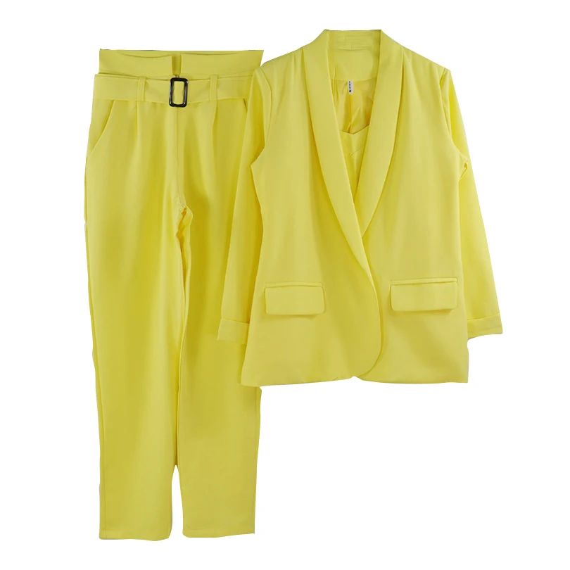 TYHRU женский однотонный Блейзер костюм из трех предметов куртка с зубчатым воротником укороченный топ на бретельках и брюки деловые комплекты - Цвет: Yellow