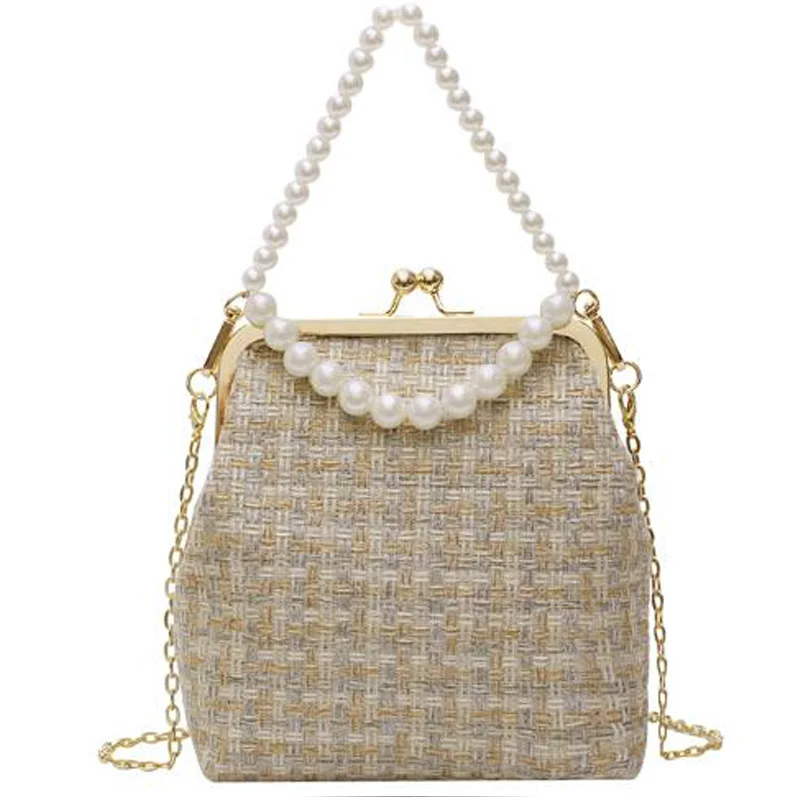 

New Straw Small Bag Pearl Chain Messenger Bag Female Wild Single Shoulder Shell Bag Creamy-White