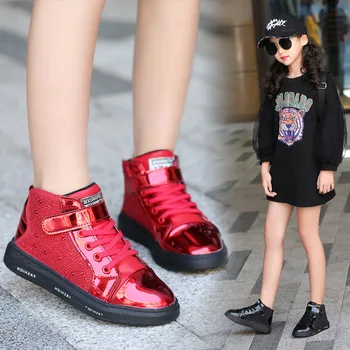 

Kids Sequin Patent Leather Shoe High Top Sneakers Black Red Velvet Casual Shoes Beading Spring Winter Flat Students Boots Shoes