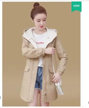 Khaki Новинка, женский плащ, Весенняя осенняя одежда, тонкая ветровка, пальто, Женский студенческий Тренч, пальто большого размера с капюшоном, женские пальто - Цвет: Khaki