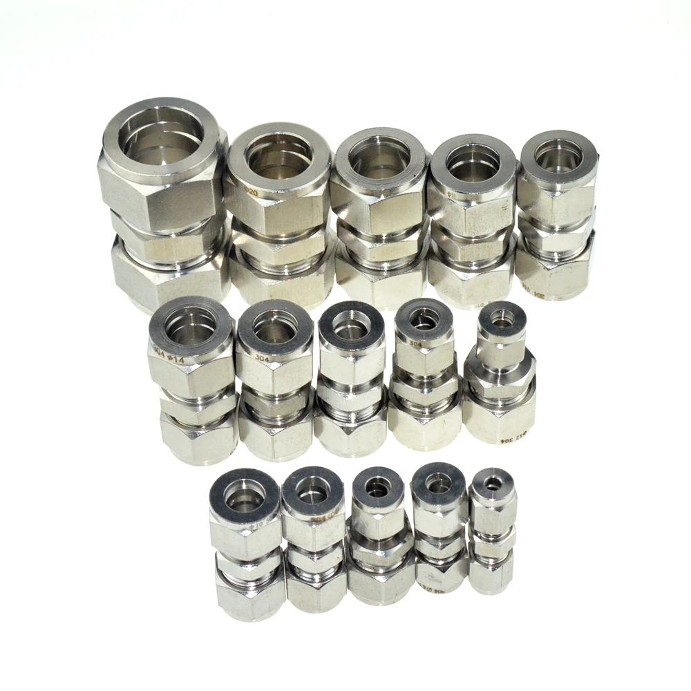 2Pcs 14mm-14mm Double Ferrule Tube Straight Compression Fitting Coupler SS Pipe Connector Stainless Steel 304