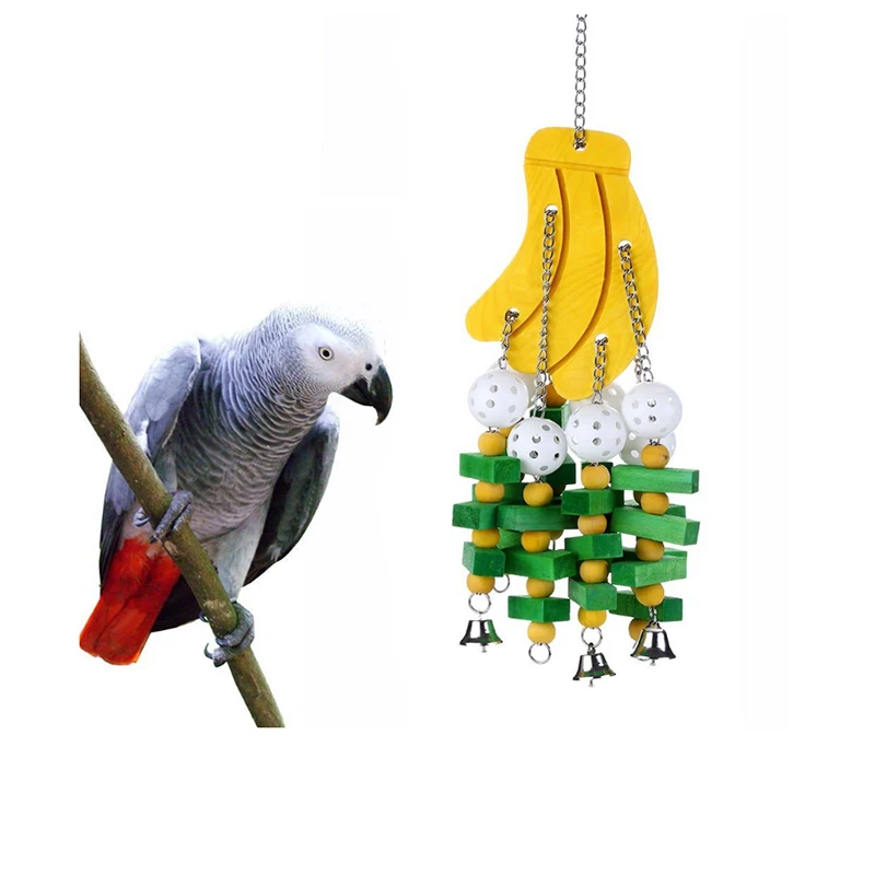

Parrot Bird Chew Swing Toy String Gnaws Banana Strings Design Wooden Block Macaws Cockatoos African Grey Bird Cage Accessories