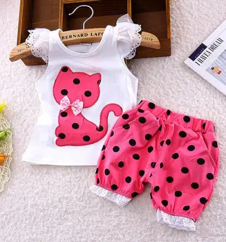 

2020 Summer Korean Baby Girl Clothes Set Two Piece Kitten Cat Sleeveless Shirt and Dot Print Shorts Pant Kids Girls