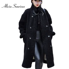 Женское длинное пальто из овчины новая зимняя Толстая теплая свободная Меховая куртка на овчине черная двубортная Байкерская парка DBY15