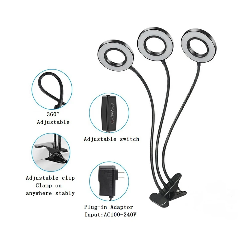 

LED clip haw object lamp fill light dimming color separation 5V cycle timing three-head clip haw object fire