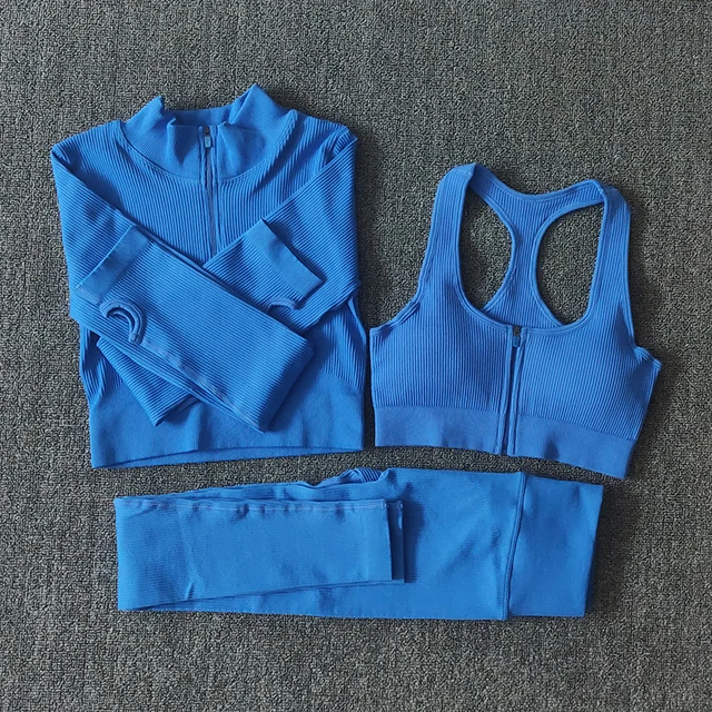 Seamless Women Yoga Set Workout Sportswear Gym Clothing Zipper Long Sleeve High Waist Leggings Fitness Bra Athletic Sports Suits 3PCSBlue