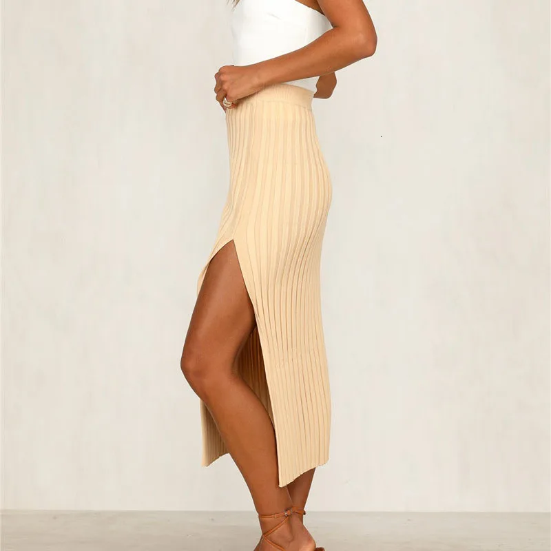 Women Sexy Ribbed Knitted Maxi Skirt Asymmetrical Solid High Waist Split Skirt Stretch Pleated Bodycon Skirt