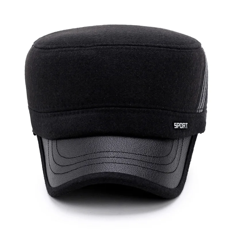 TOHUIYAN Classic Woolen Military Hat Vintage Flat Top Caps Winter Warm Earflap Hats Men Army Cap Fashion Adjustable Cadet Hats