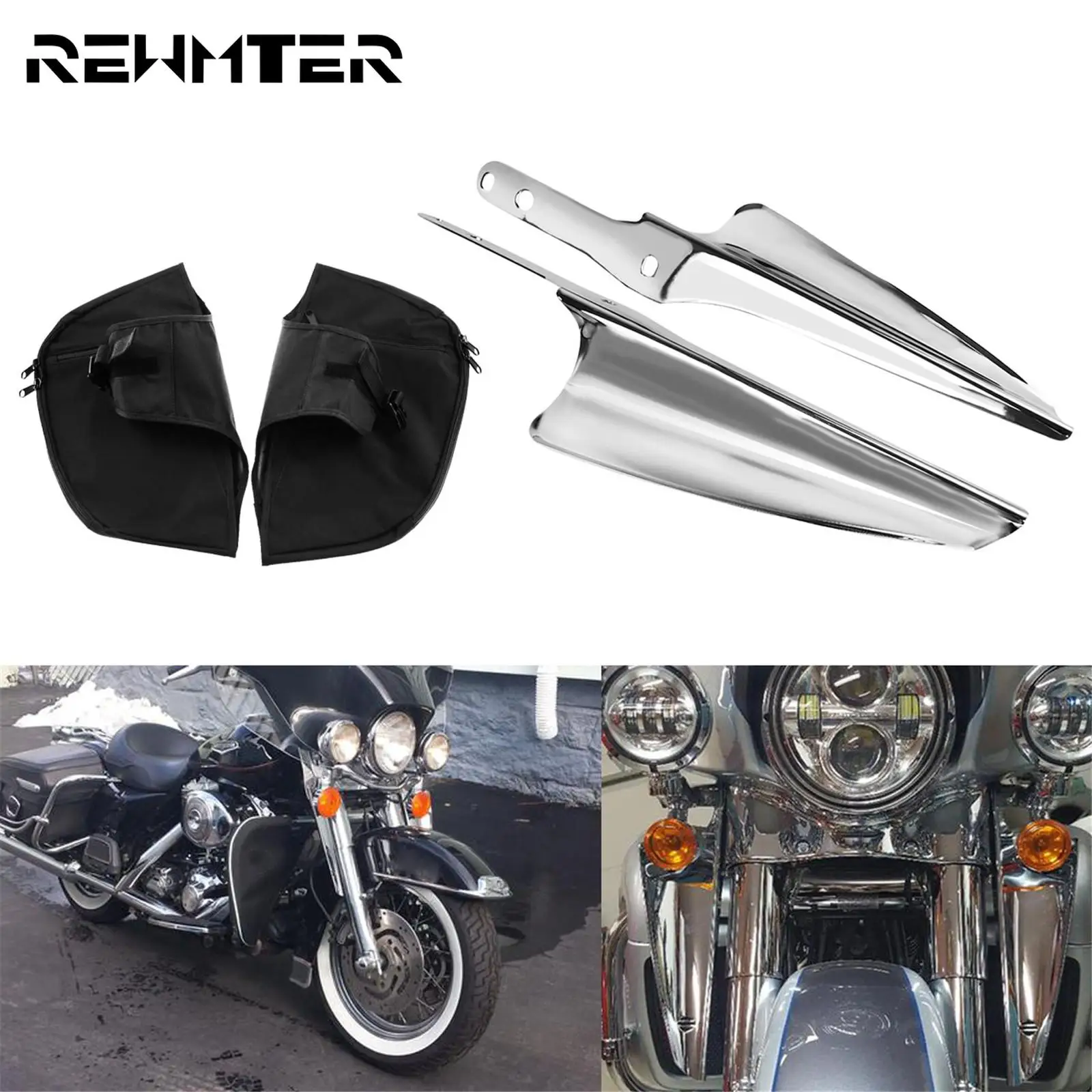 Motorcycle Chrome Fork Front Wind Windshield Deflector+Black Soft Lowers Leg Elephant Ears