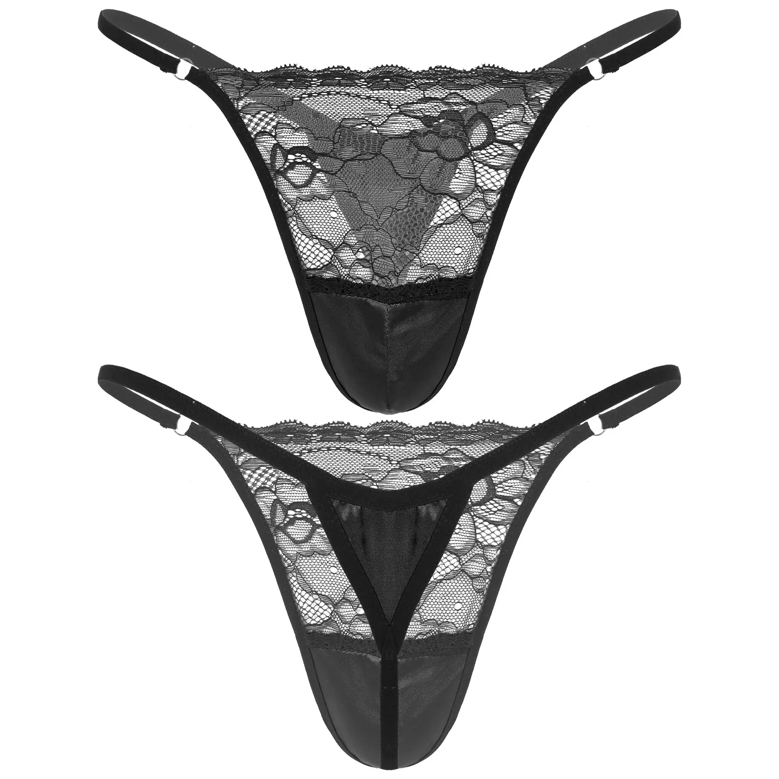 thumbnail image 1 of Ropa interior de satén Sissy para hombre, bragas de retazos de encaje transparente, tanga con cintura elástica, tanga con espalda en T, calzoncillos con suspensorio de tiro bajo, 1 of 5