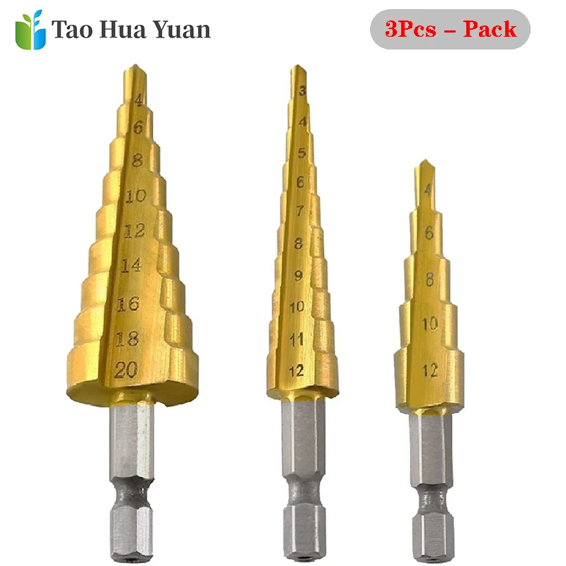 3pcs HSS Titanium Coated Step Drill Bit Drilling Power Tools Metal High Speed Steel Wood Hole Cutter Step Cone Drill Tool Set AA 3pcs set step drill bit set flute step drill bit impact unibits bit for stainless steel wood stainless steel wood