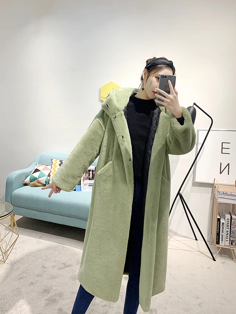 Женское длинное пальто с кроличьим мехом корейские зимние толстые теплые негабаритные пальто с капюшоном из искусственного меха норки женские пальто плюшевая куртка