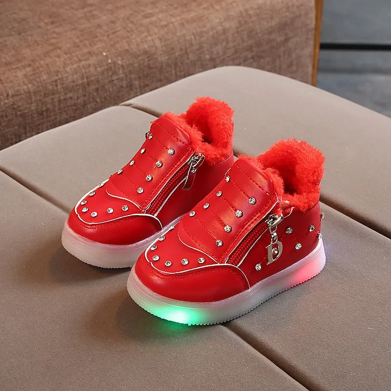 Замок-молния со стразами светящиеся детские кроссовки для девочек зимние теплые легкие полусапожки обувь Chaussure Enfant светодиодный свет обувь