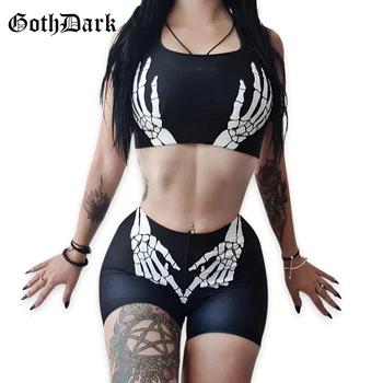

Goth Dark Grunge Punk Gothic Two pieces Sets Bone Print Sleeveless Cropped Women's sets Fashion Aesthetic women's suit