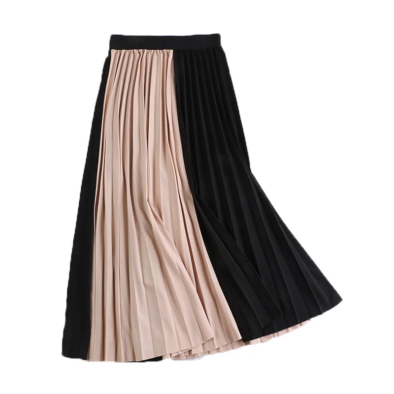 Осень Зима Повседневная Эластичная Высокая талия плиссированная юбка длинная Лоскутная Женская Шикарная стильная элегантная юбка низ