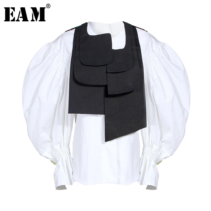 [EAM] Женская блузка, новинка, круглый воротник, длинный рукав-фонарик, свободная, на пуговицах, необычная рубашка, модная, весна-осень JZ327