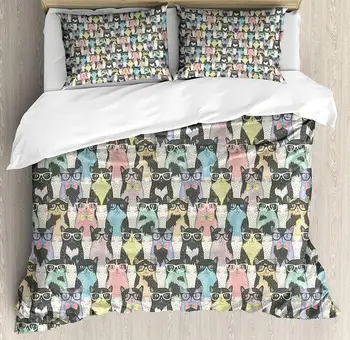 

Cat Duvet Cover Set Pattern with Hipster Playful Feline Characters with Glasses and Bowties Vintage Style Decorative 3 Piece Bed