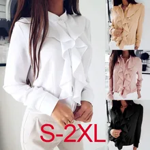 *#Best Price BKMGC Women Blouses Office White Shirt Fashion Elegant Long Sleeve Standing Collar Button Ruffle Chiffon Blouse Shirt Lady Tops *#Best Price BKMGC Women Blouses Office White Shirt Fashion Elegant Long Sleeve Standing Collar Button Ruffle Chiffon Blouse Shirt Lady Tops