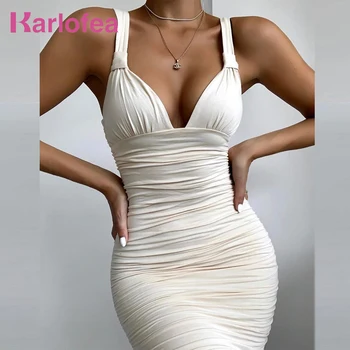 

Karlofea New Elegant Ruched Midi Dress Autumn Winter 2 Layers Daily Outfits Knee Length Dress Sexy Bodycon Club Party Vestidos