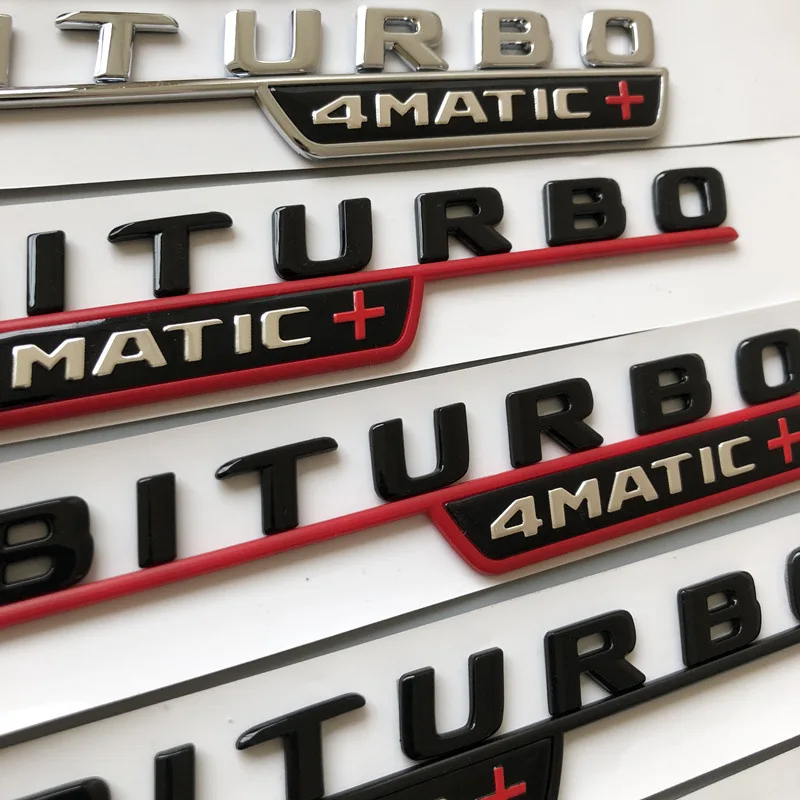 

Flat Letter Emblem for Mercedes Benz BITURBO 4MATIC+ Red Plus Car Styling Fender Badge Doulbe Turbo Sticker Chrome Black Red