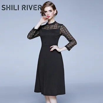 

2020 spring autumn runway designer party dress for women long sleeve slim casual lace elegant knee length a-line dresses black