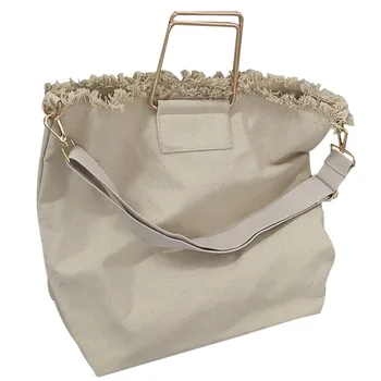 

Women's Frayed Canvas Crossbody Bag Female Metal Handle Handbag Young Girls' Shopping Bag