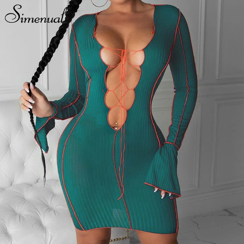 Simenual Lace Up Deep V Neck Ribbed Long Sleeve Bodycon Dresses Women Patchwork Hot Club Partywear Sexy Fashion Mini Dress Fall