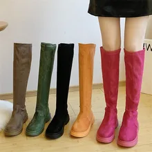 Осенне-зимние женские пикантные облегающие сапоги до колена; модные эластичные матерчатый плюшевый теплый женский обувь; Яркие длинные сапоги; Bota Feminina
